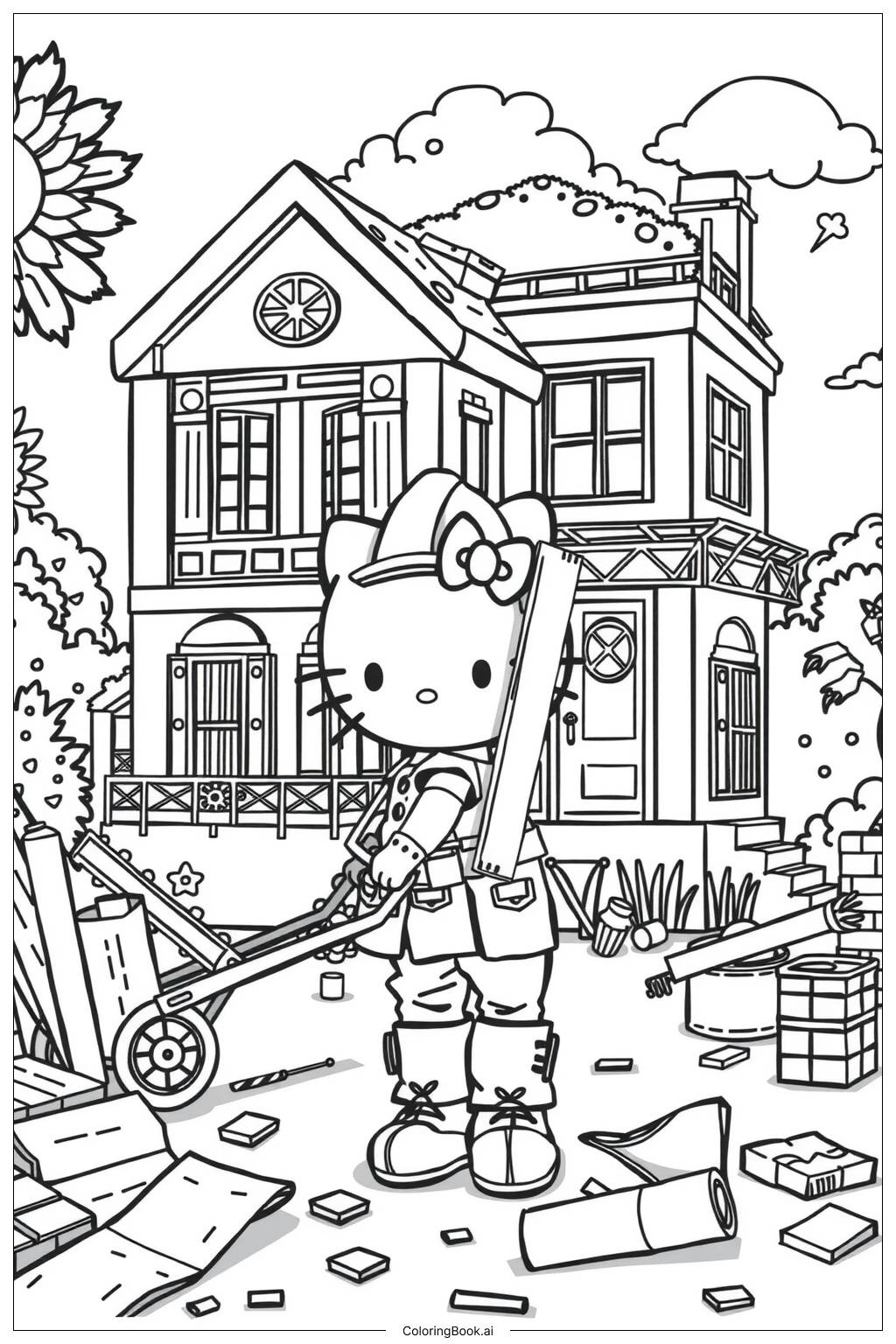  Page de coloriage hello kitty construit sa maison de rêve 