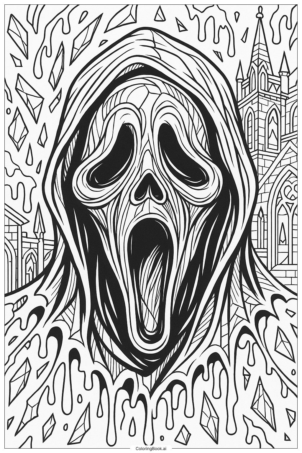  Página para colorear de Retrato hiperrealista de la máscara Ghostface 