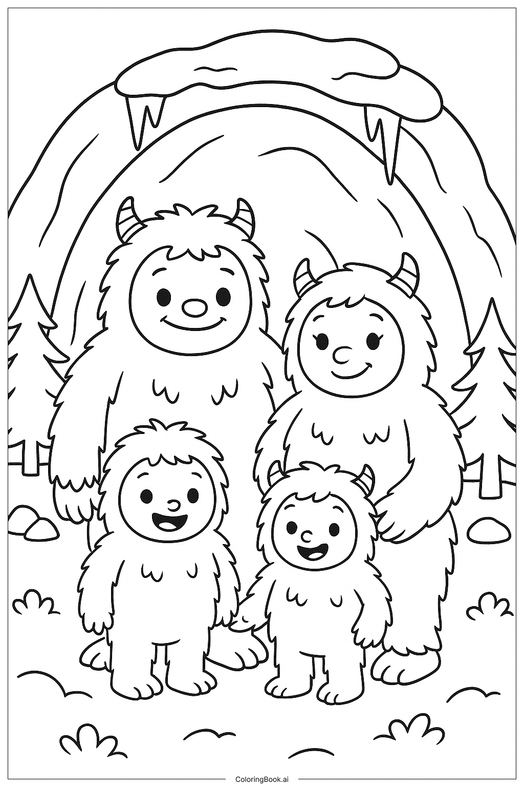  Page de coloriage Une famille de Yétis dans une grotte 
