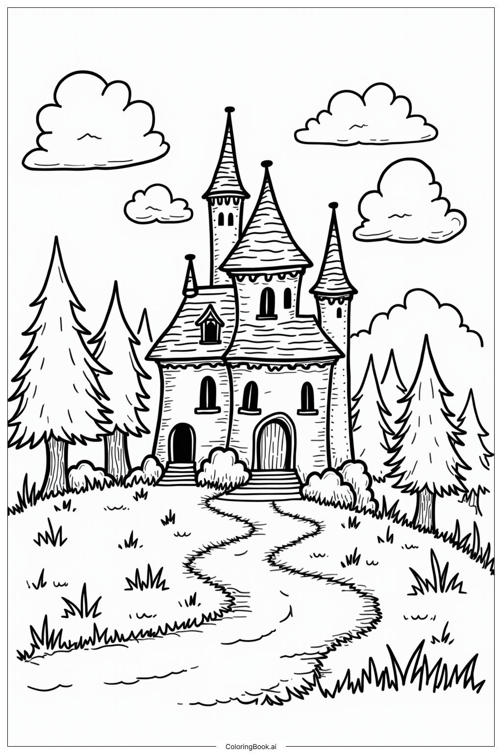  Page de coloriage Château de conte de fées Forêt enchantée 