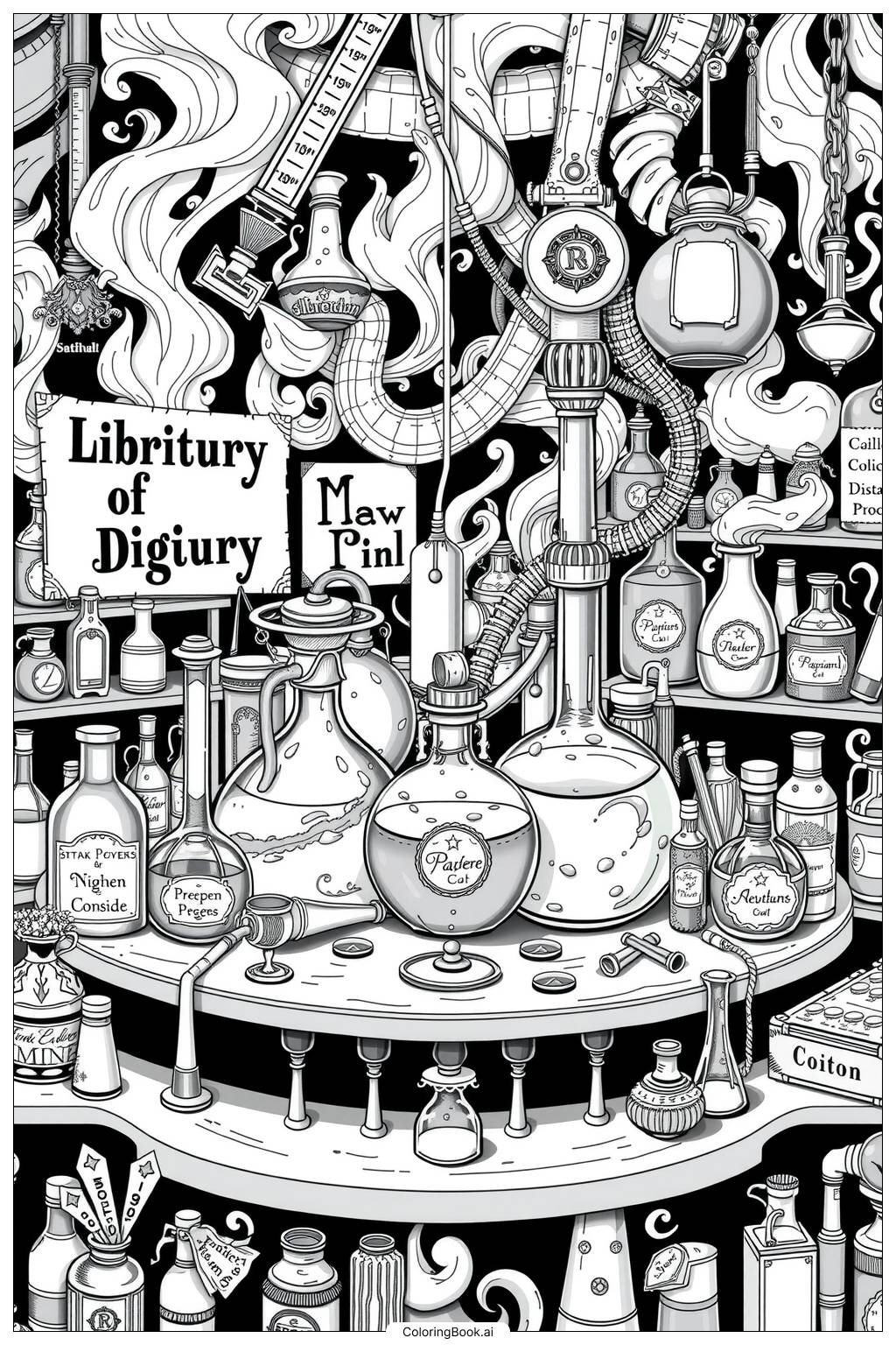  Page de coloriage sorcière mélangeant des potions 