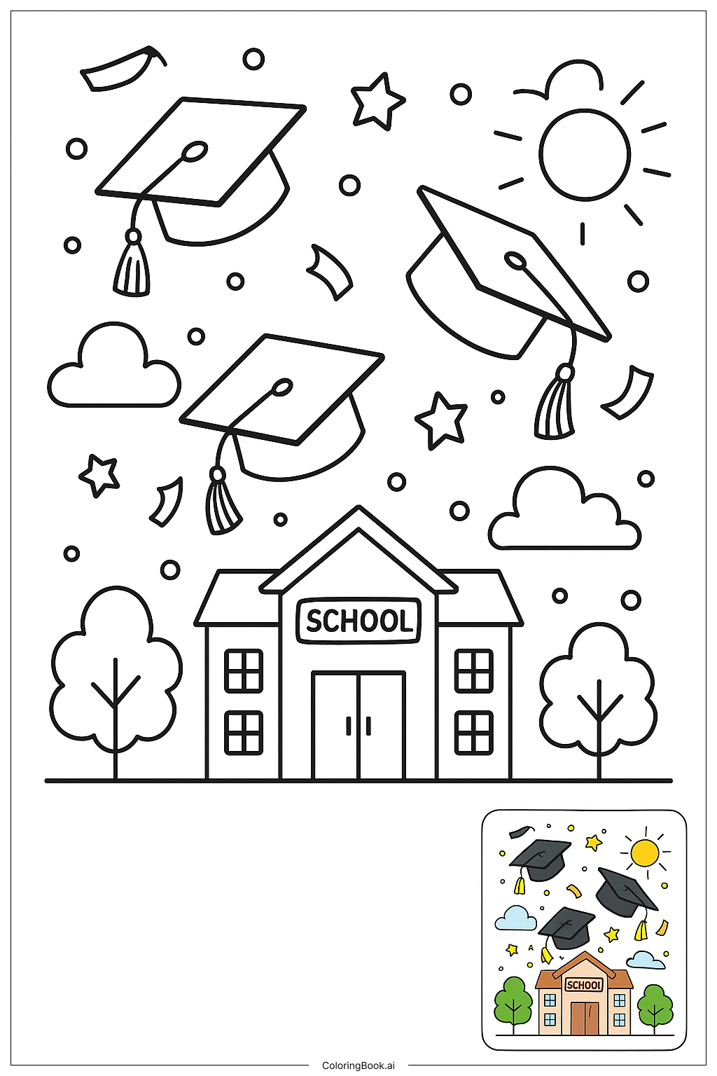  Last Day Of School Graduation Cap Tossの塗り絵ページ 