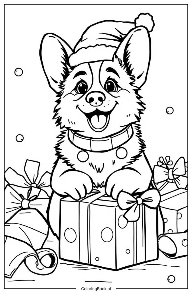  Christmas Corgi Unwrapping Gift Coloring Page 