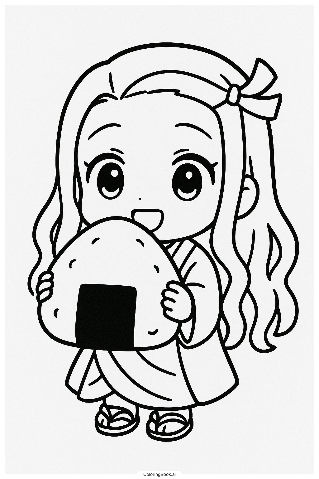  Página para colorear de Chibi Nezuko Sosteniendo Una Bola De Arroz 