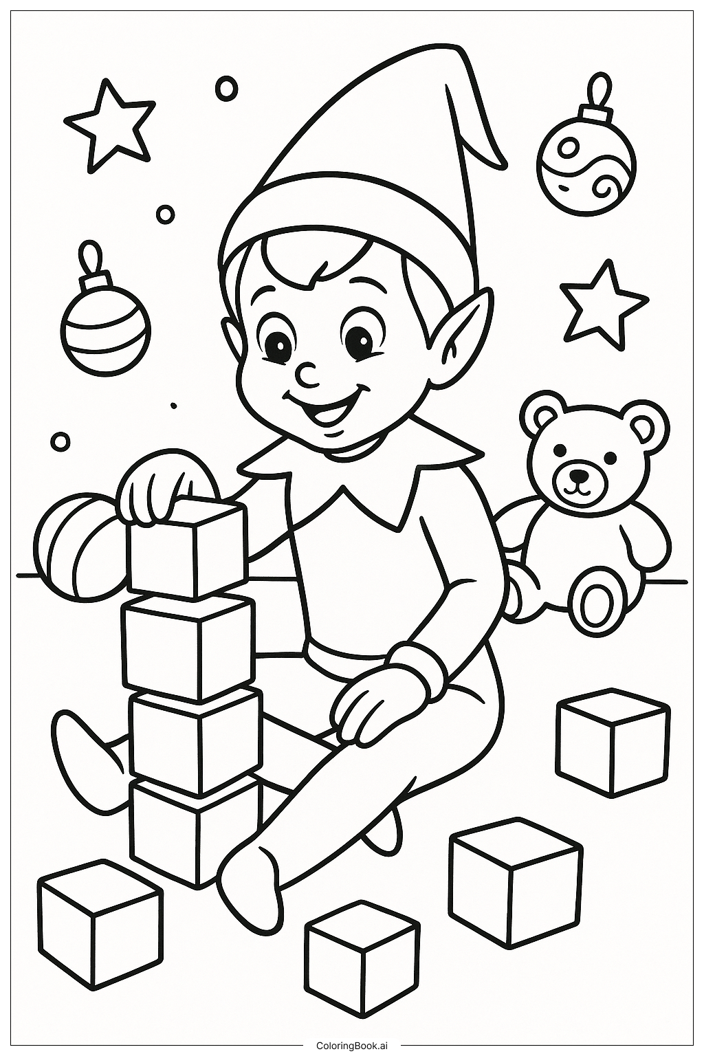  Página para colorir de Duende Na Prateleira Brincando Com Blocos De Montar 