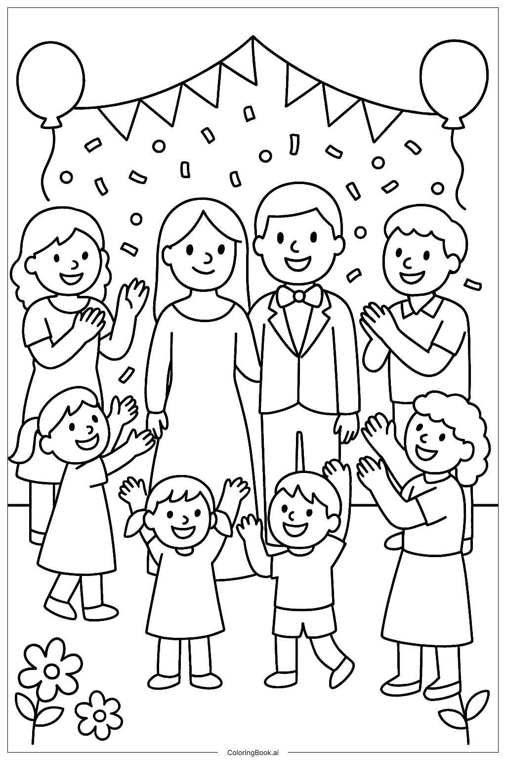  結婚式で新郎新婦を応援するゲストの塗り絵ページ 