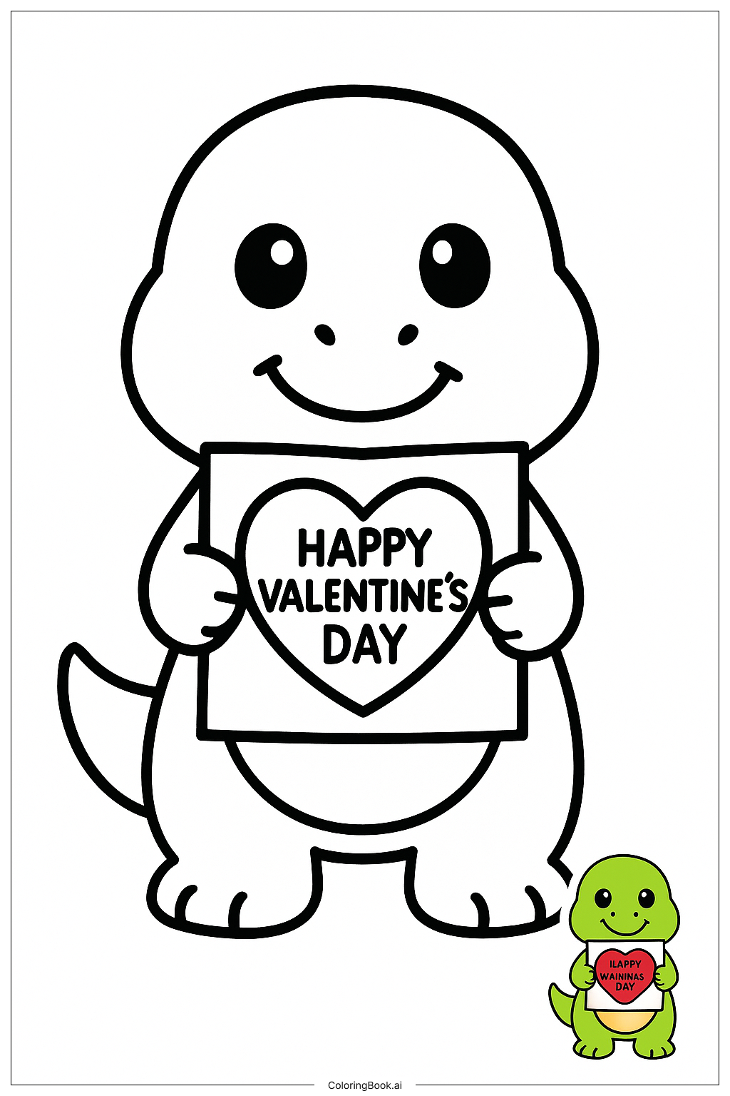  Page de coloriage Dinosaure mignon tenant une carte de Saint-Valentin 