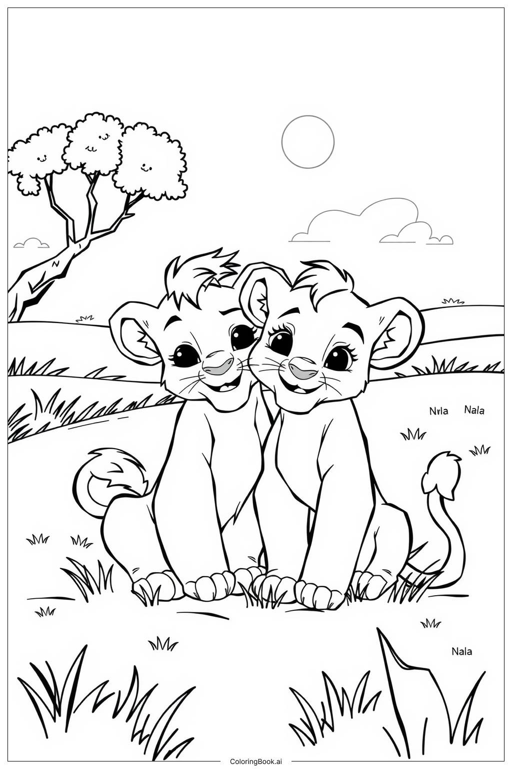  Page de coloriage le roi lion nala et simba marchant à travers la savane 