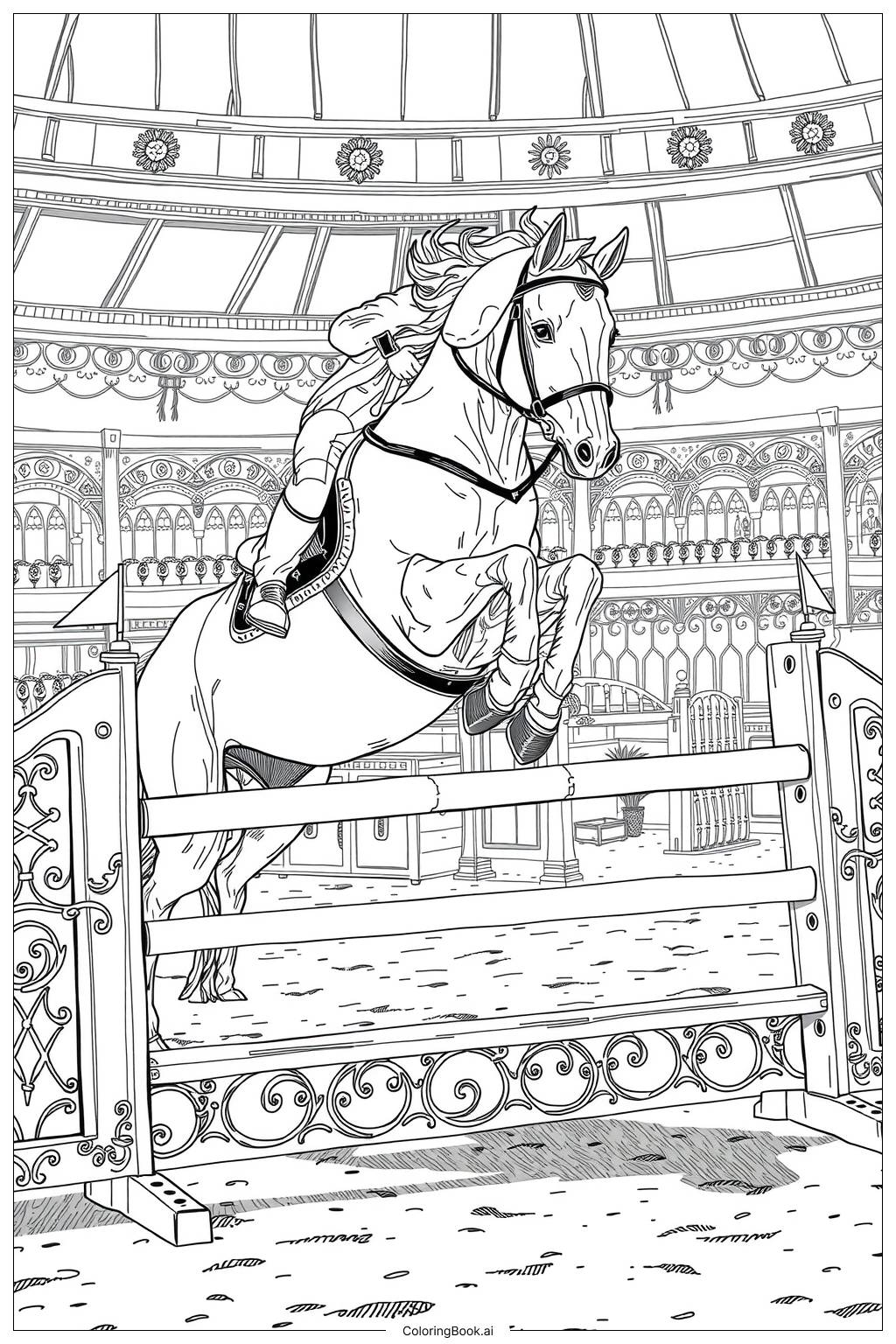  Page de coloriage Cheval de saut d'obstacles en action 