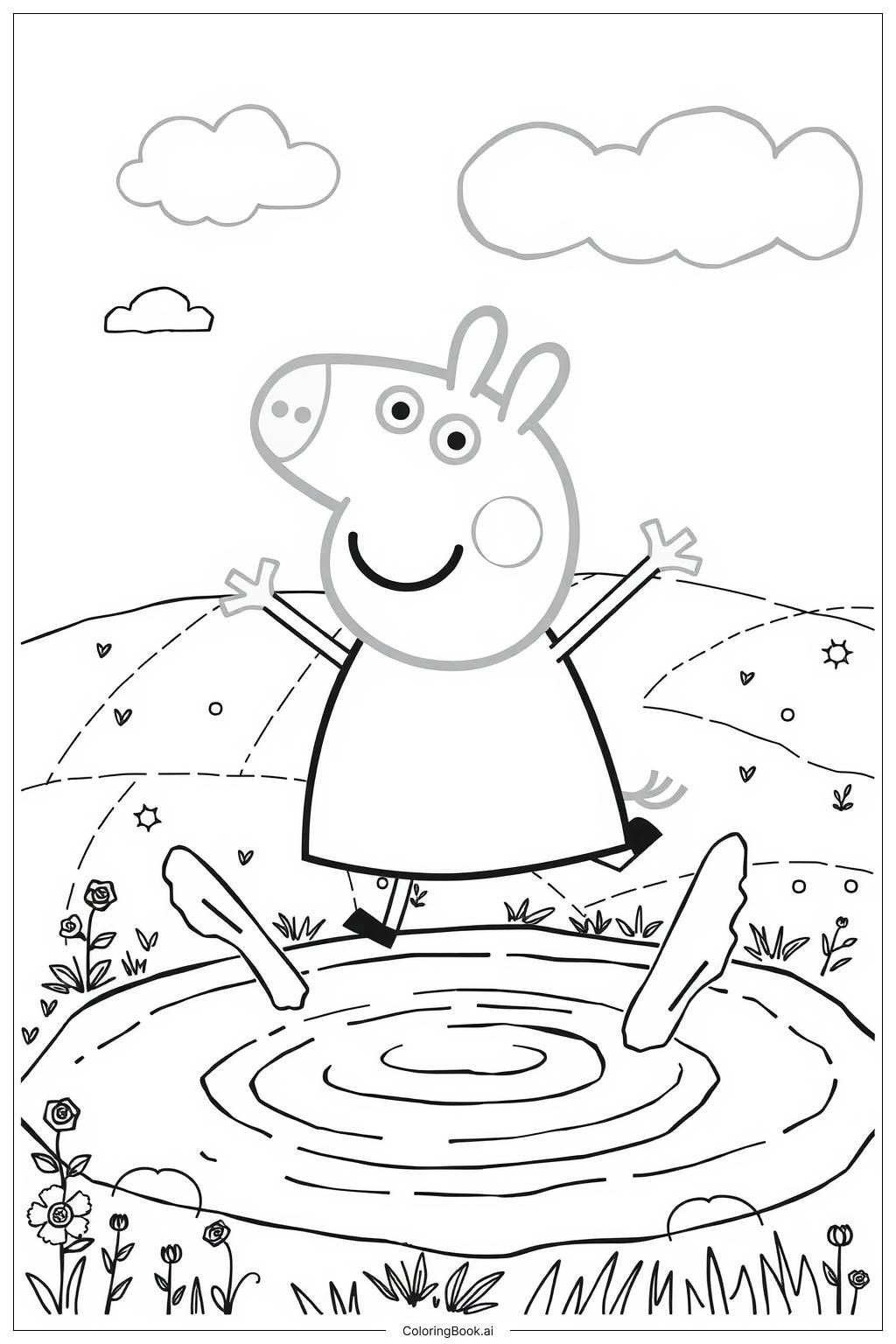  Página para colorear de peppa pig saltando en charcos de barro-2 