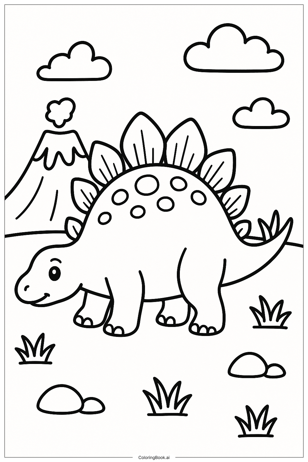 Stegosaurus in der Nähe eines ruhigen Vulkans Ausmalseite