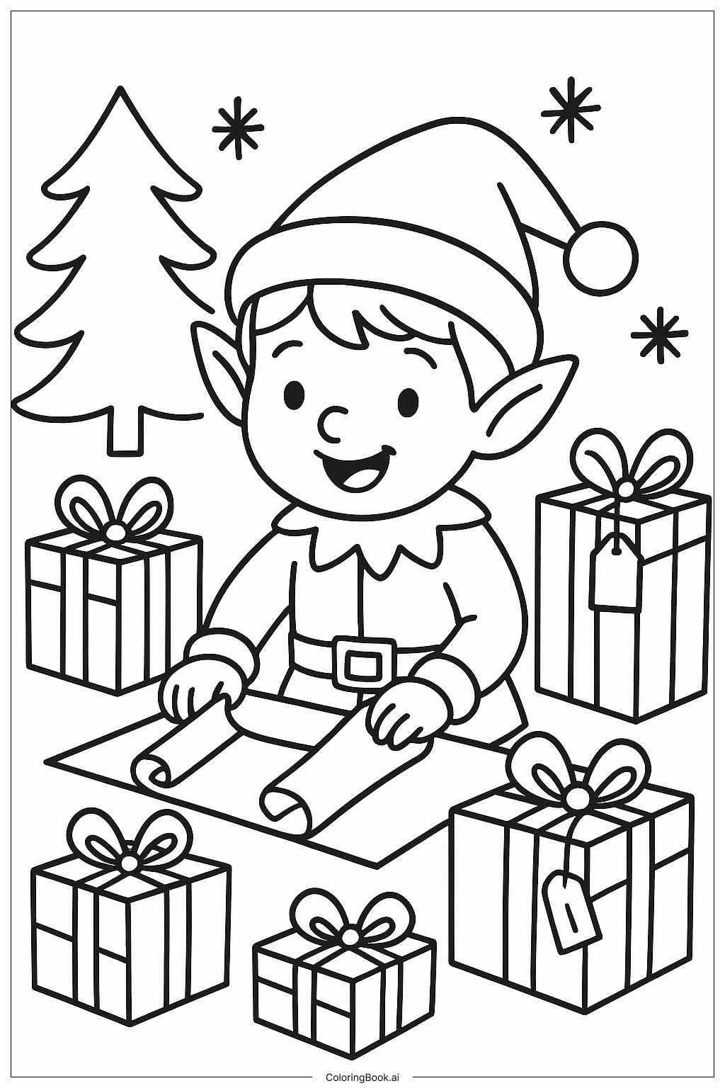  Christmas Elf Wrapping Presents填色页 