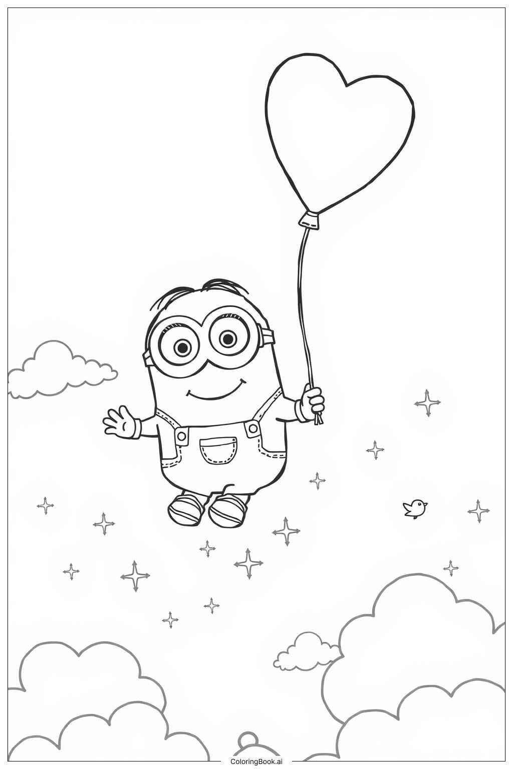  minion flying with a balloon in the sky Coloring Page 