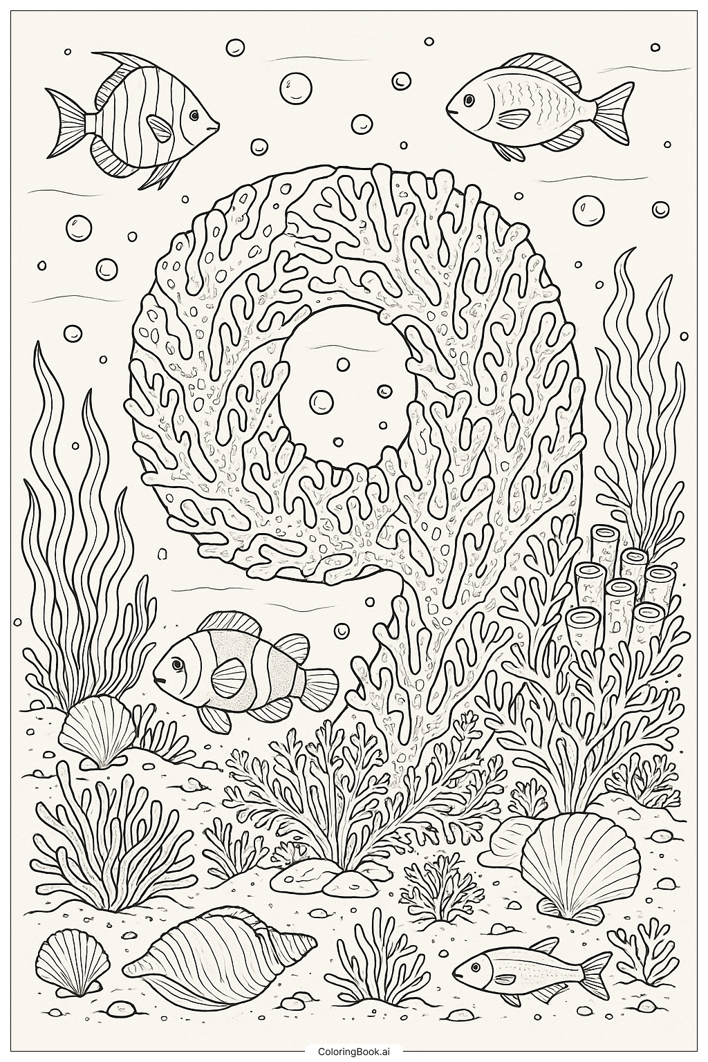  水下场景：鱼和数字九填色页 