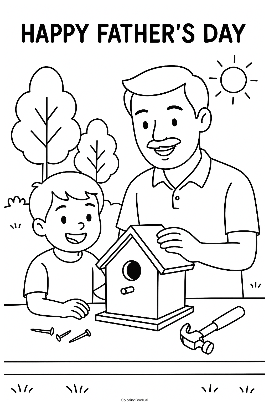 Building A Birdhouse On Fathers Day Coloring Page