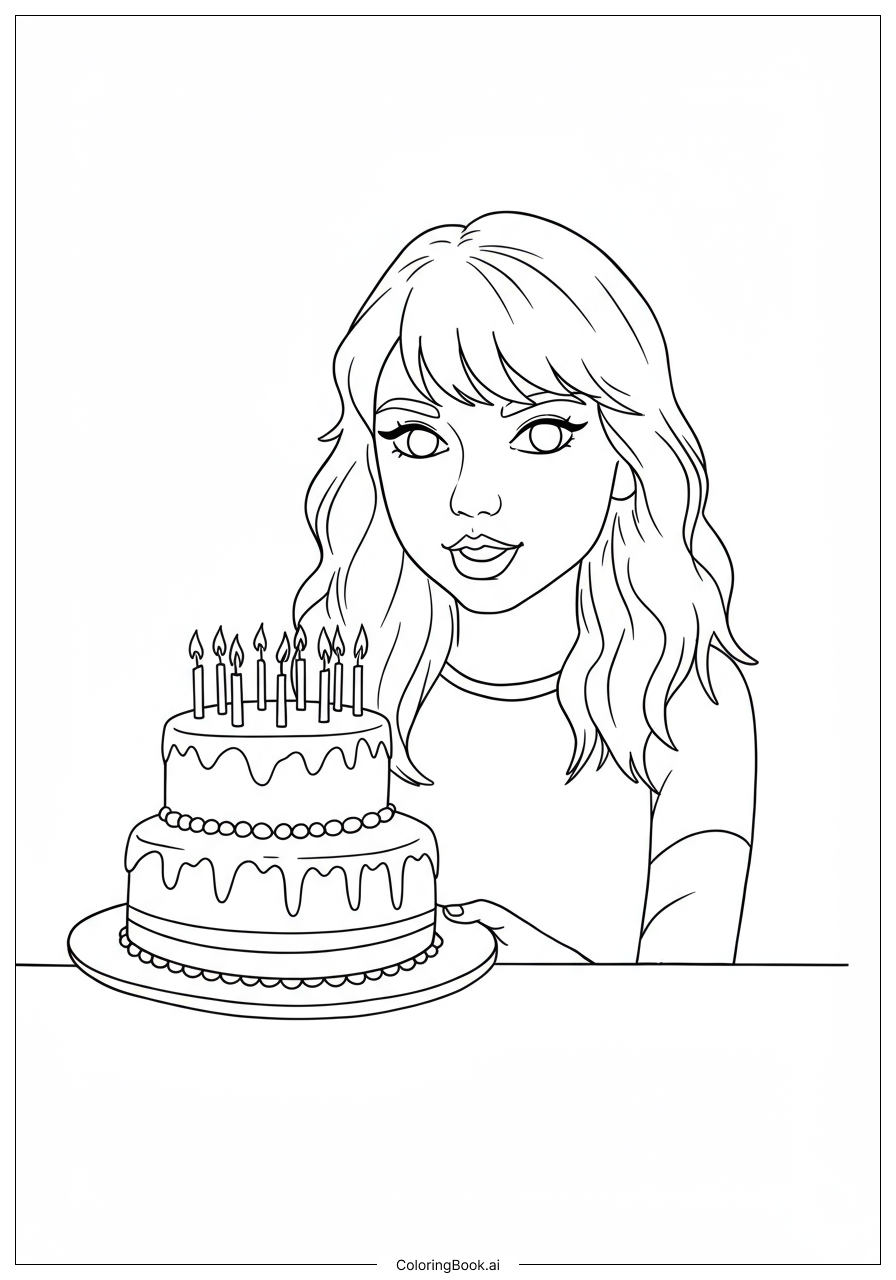  Página para colorear de Taylor Swift Soplando Velas de Cumpleaños 