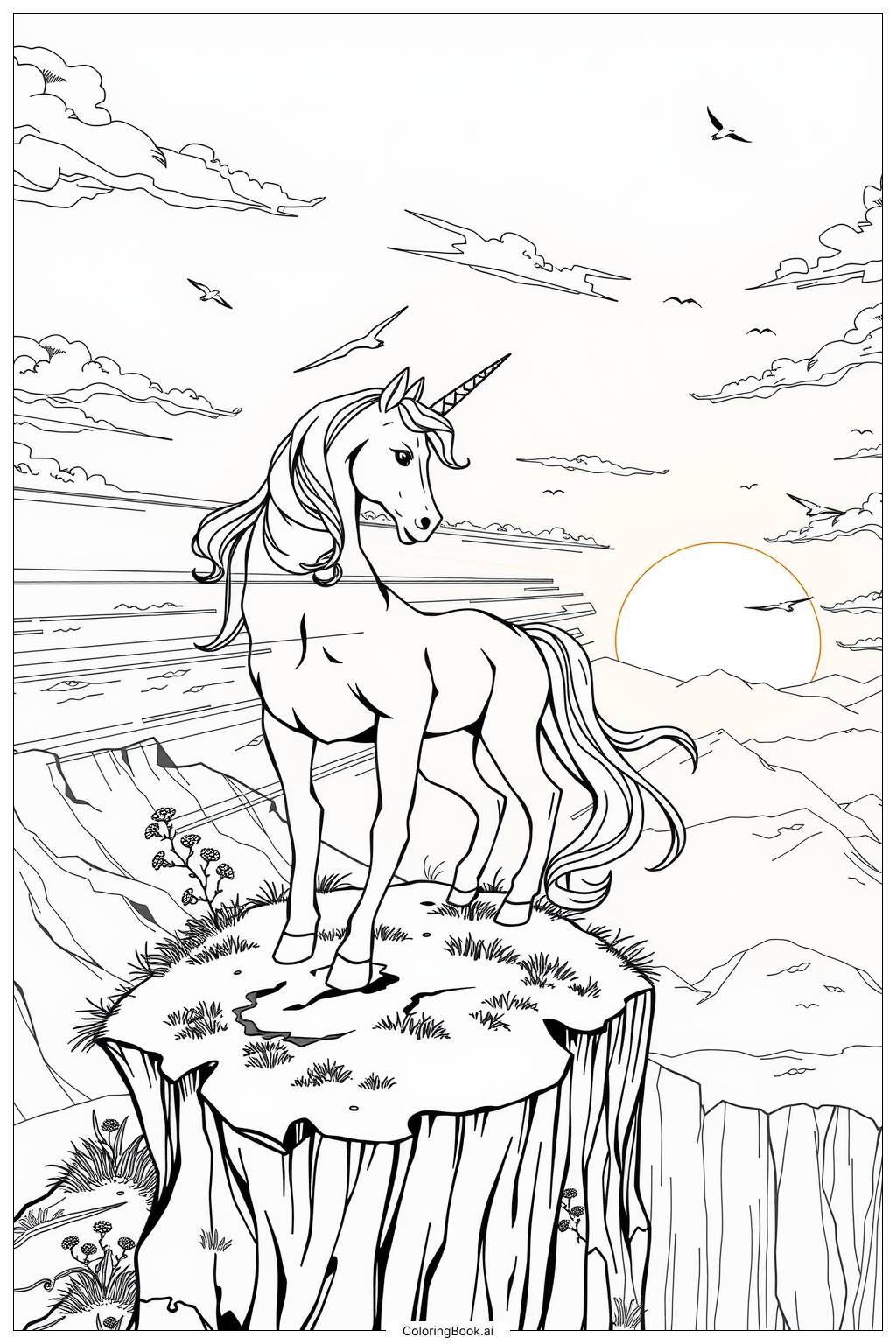  Page de coloriage le dernier unicorn sur une falaise au coucher du soleil-2 