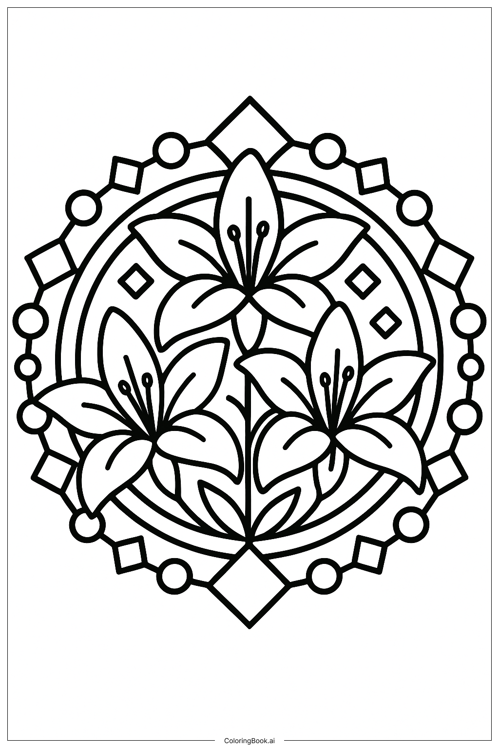  Mandala Featuring Blooming Lilies Coloring Page 