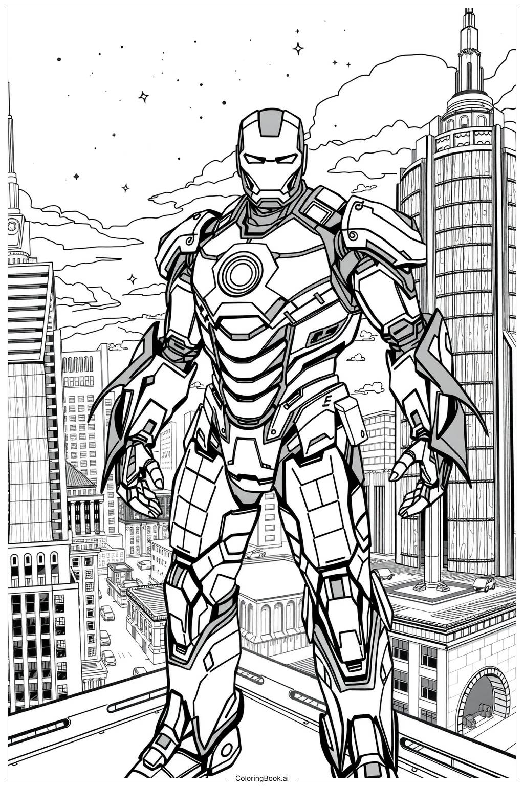  Page de coloriage Iron Man dans un paysage urbain 