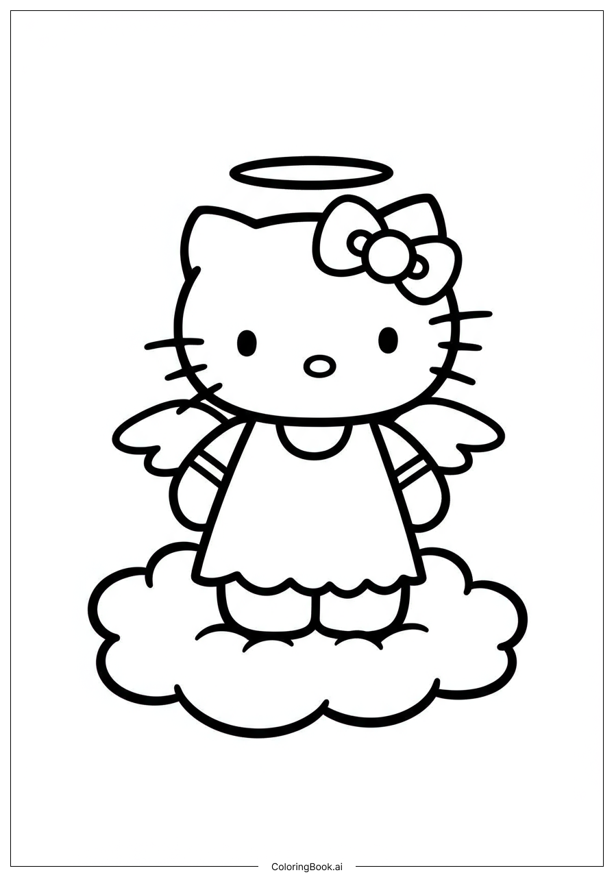  Hello Kitty as Angel Floating on Clouds Coloring Page 