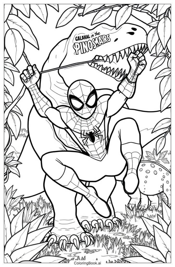  Página para colorear de Spider-Man en el Mundo de los Dinosaurios 