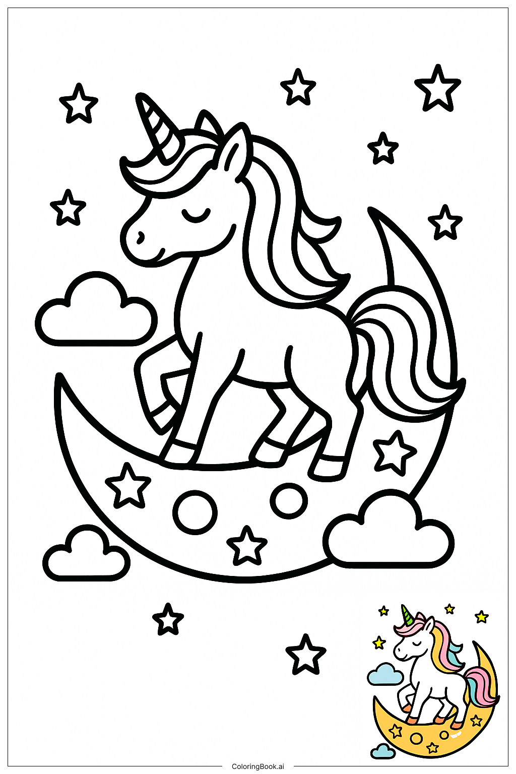  Page de coloriage Licorne en équilibre sur un croissant de lune 
