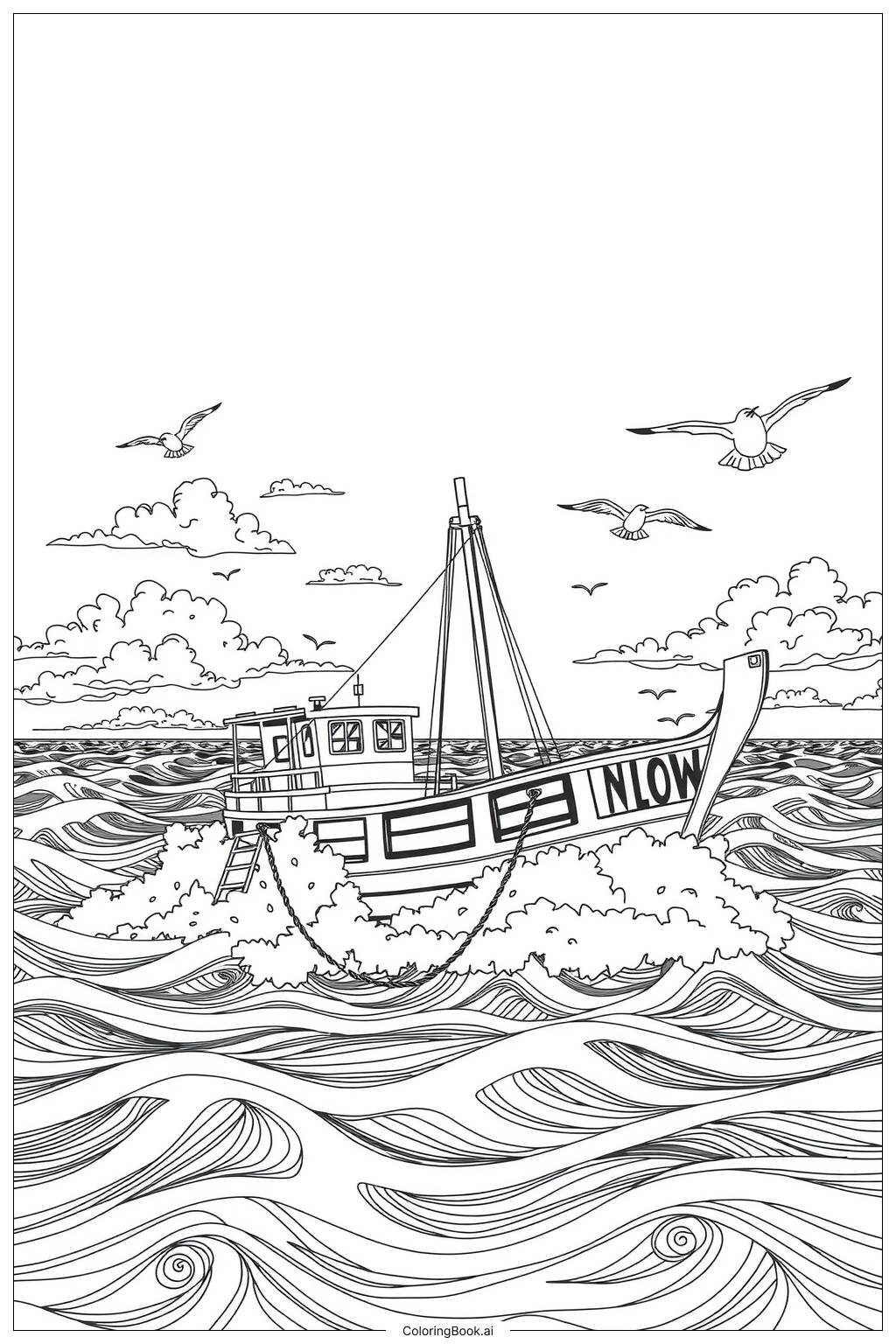  Page de coloriage Bateau de pêche avec des mouettes en vol 