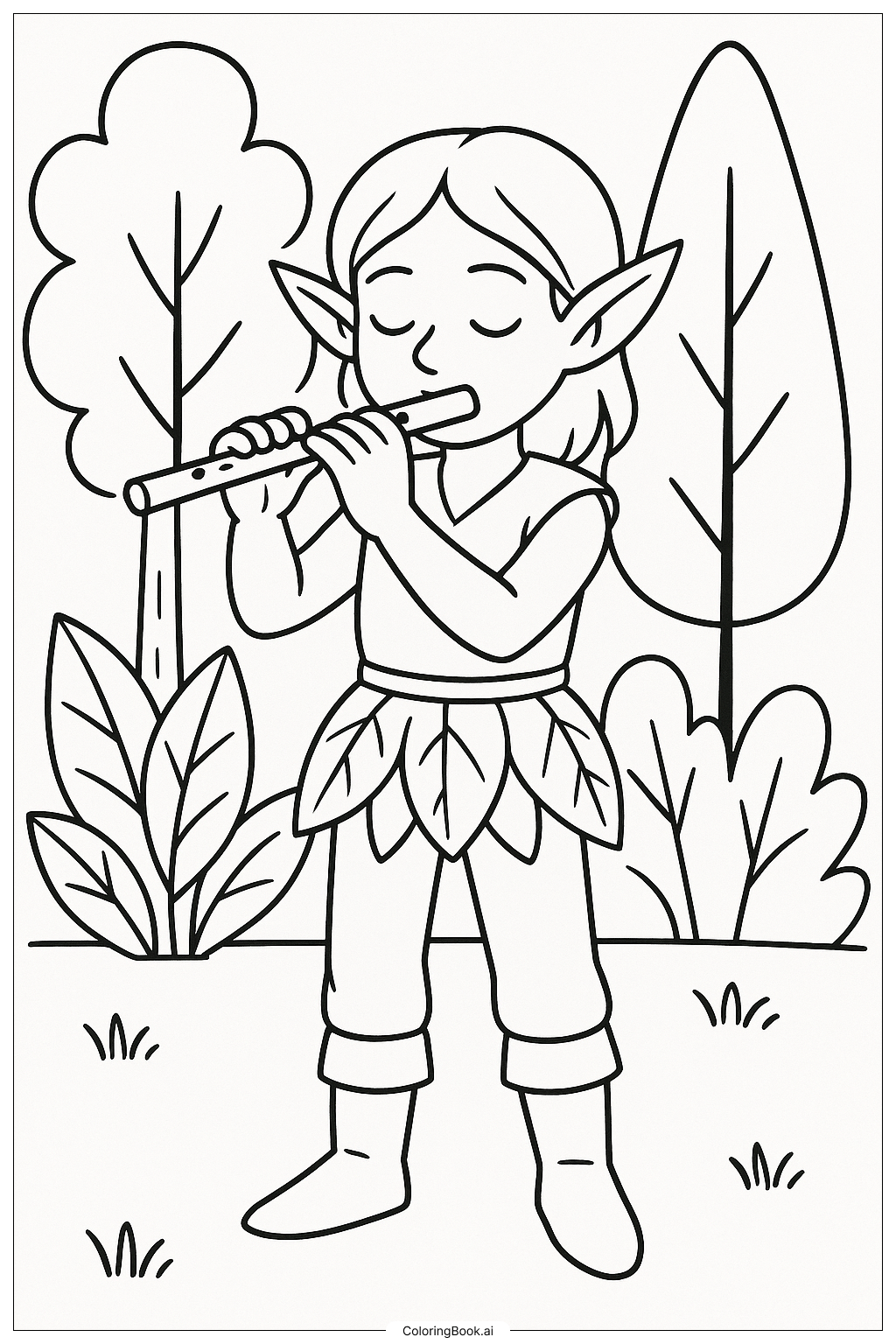  Página para colorir de Um Elfo da Floresta Tocando Flauta 
