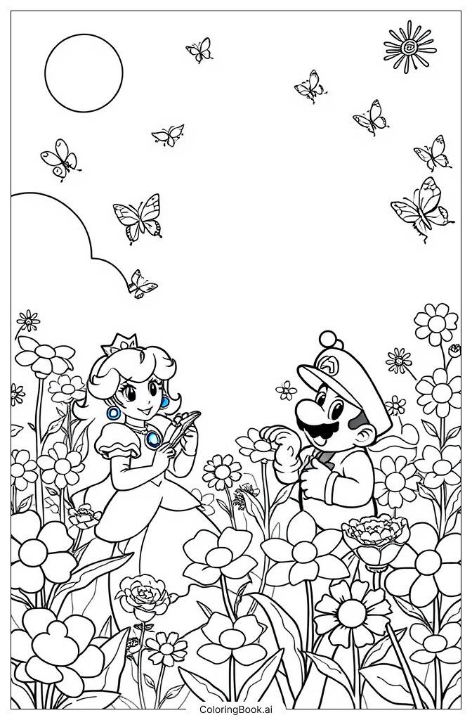  Page de coloriage La Princesse Peach et Mario dans un jardin fleuri 