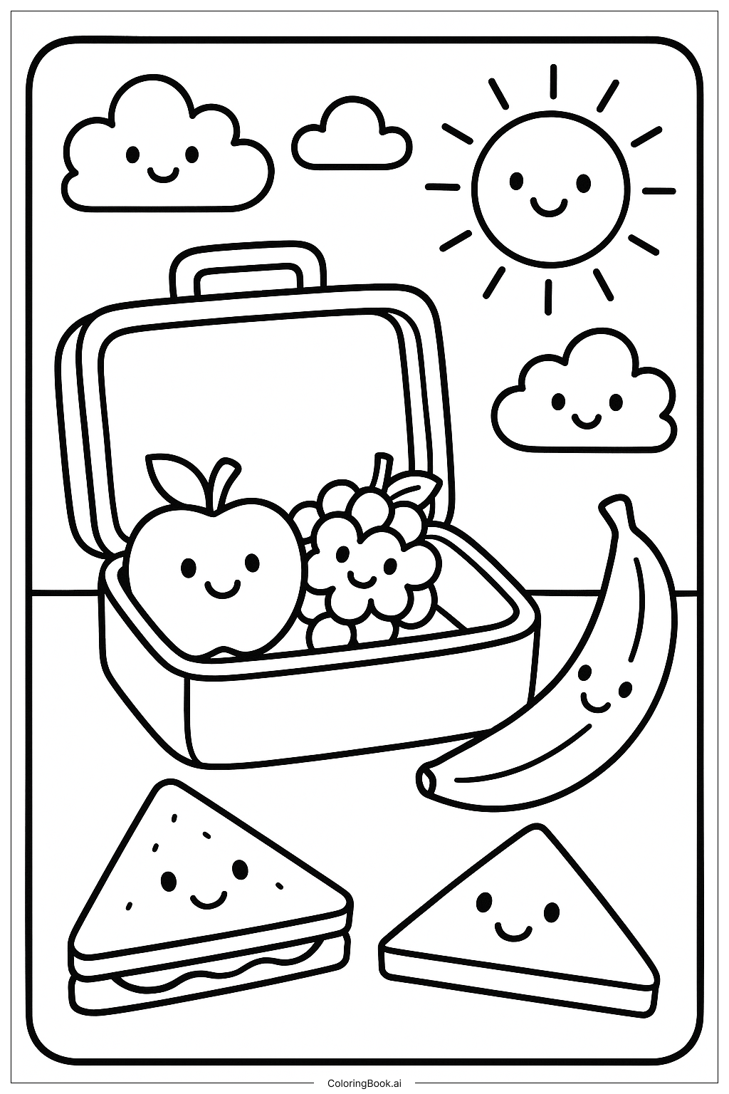  幼儿园水果三明治午餐盒填色页 