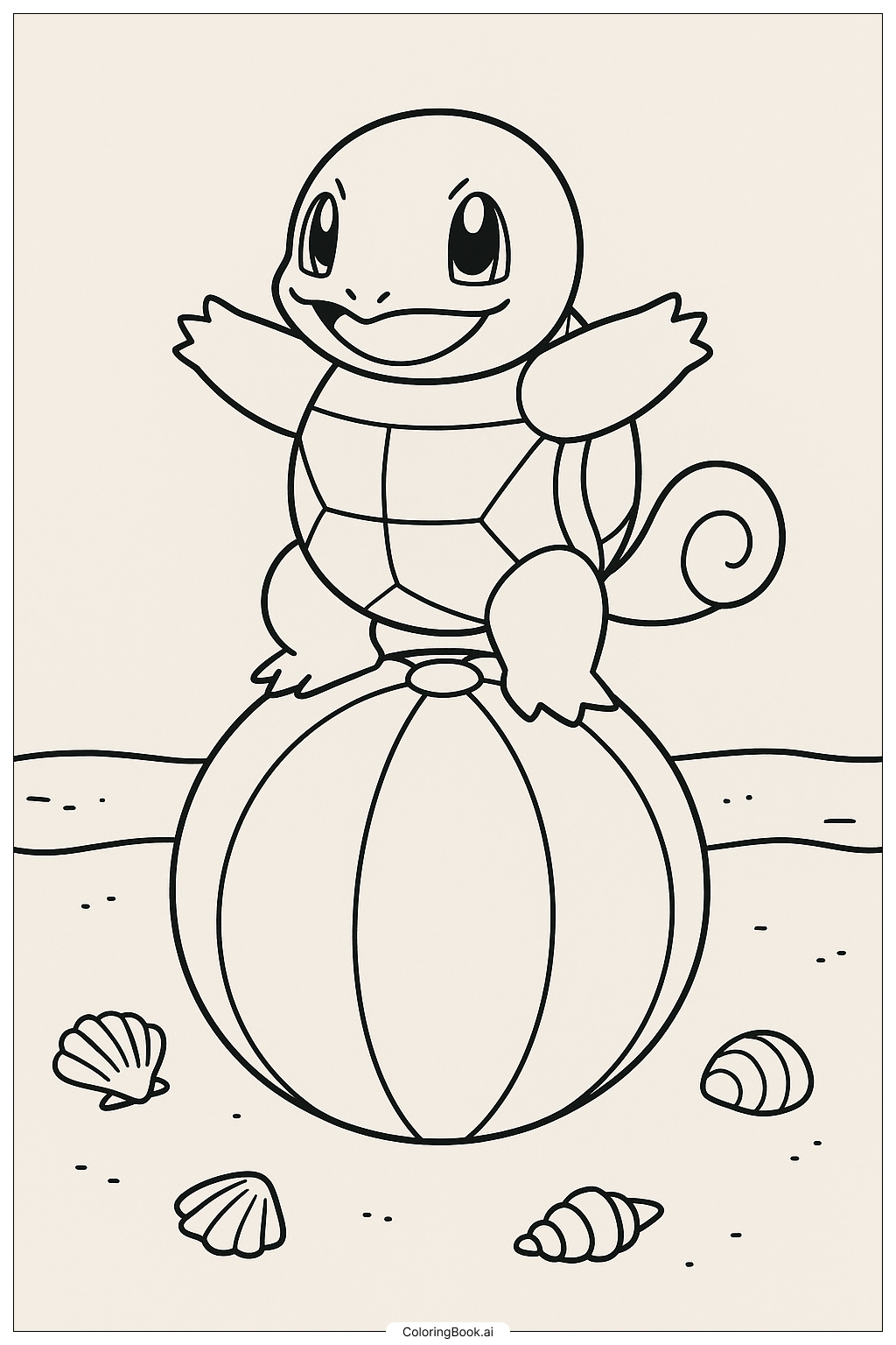  Página para colorear de Squirtle equilibrándose sobre una pelota de playa 