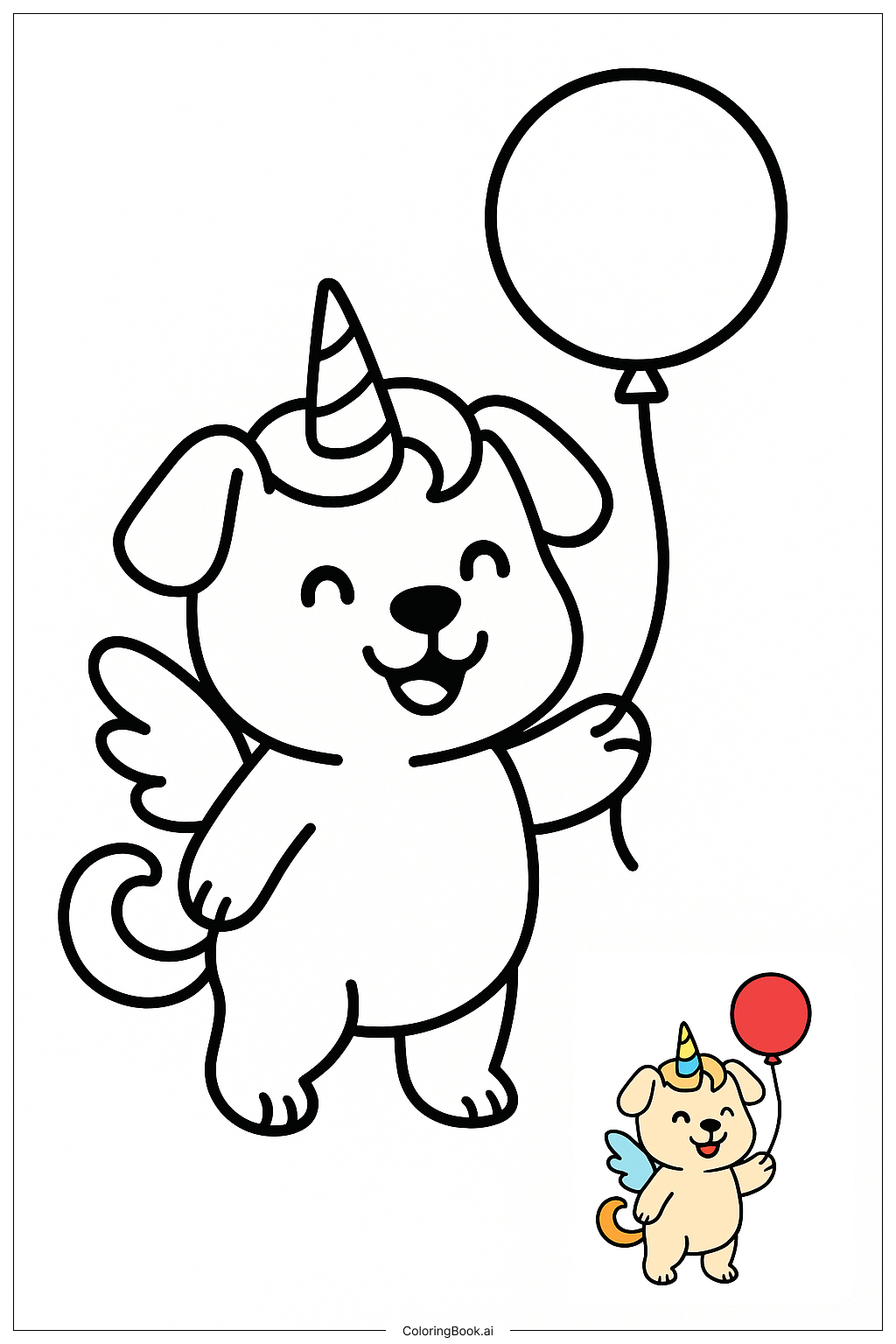  Page de coloriage Chien Licorne Jouant Avec un Ballon 
