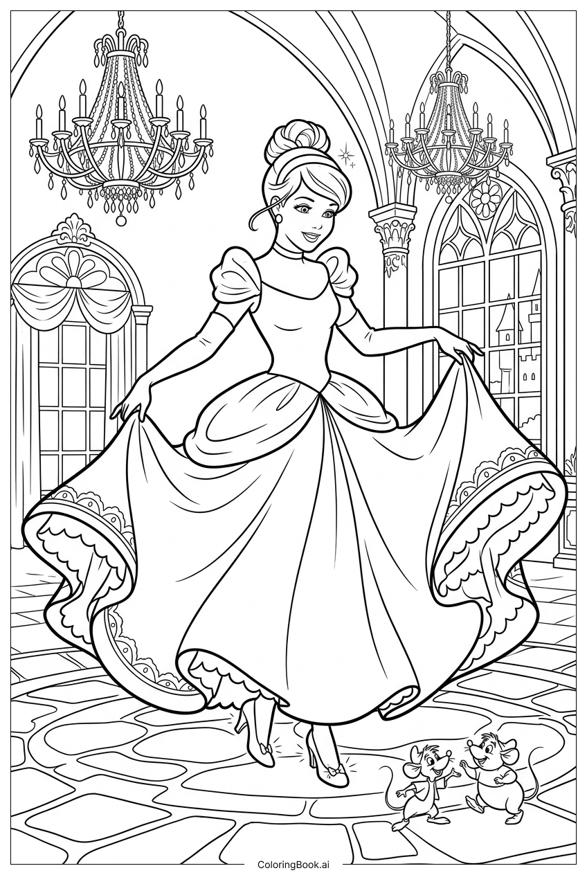  ねずみたちと優雅に回るディズニープリンセスの塗り絵ページ 