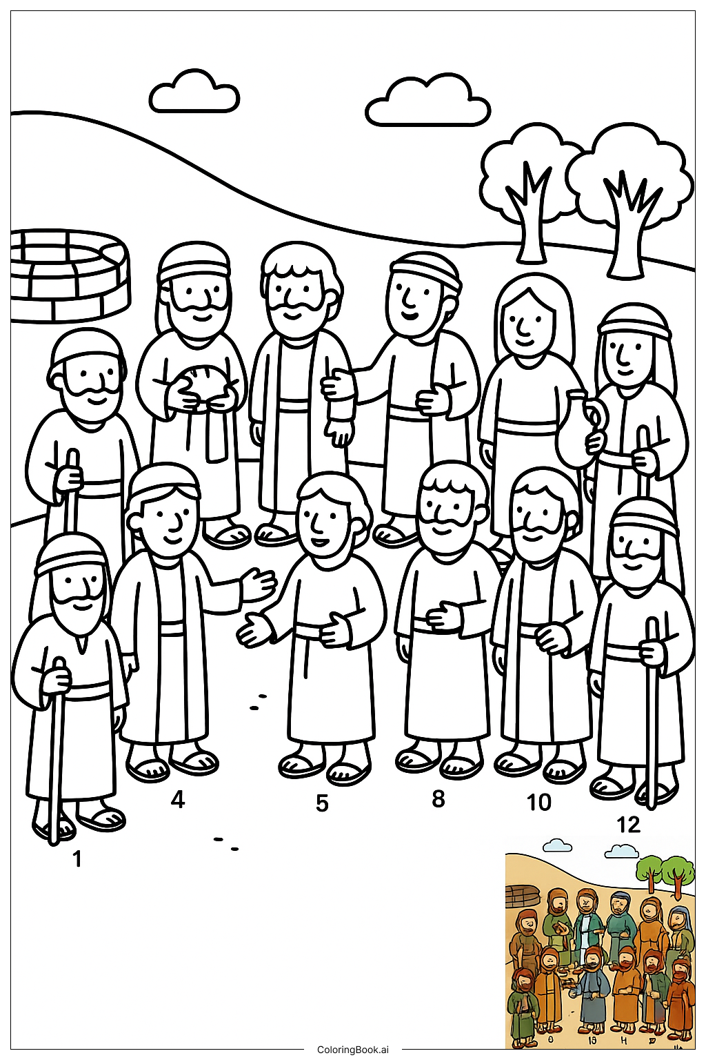 Página para colorear de Reunión de los 12 Discípulos de la Biblia 