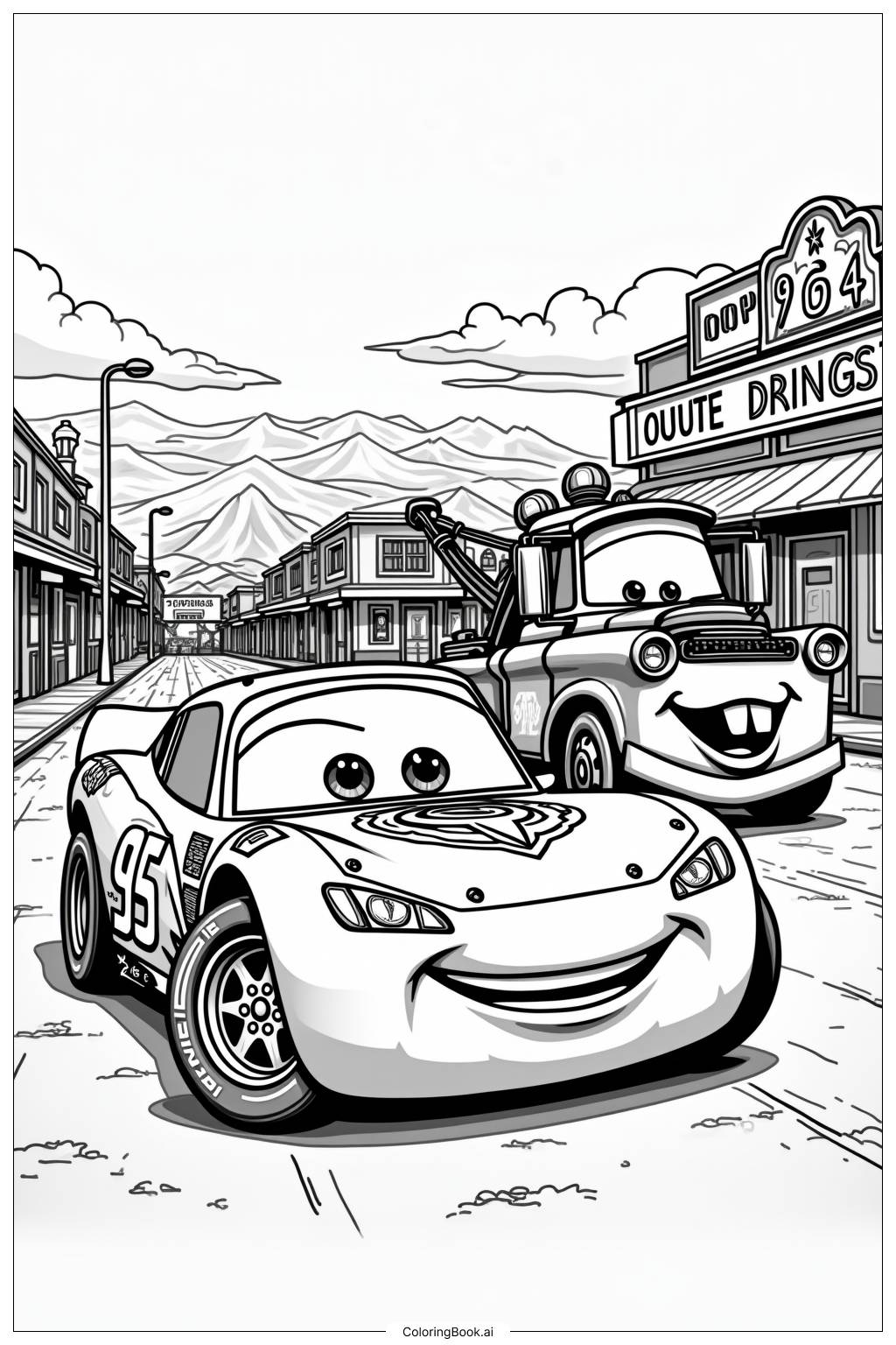  Página para colorir de Relâmpago McQueen com Mate na Radiator Springs 