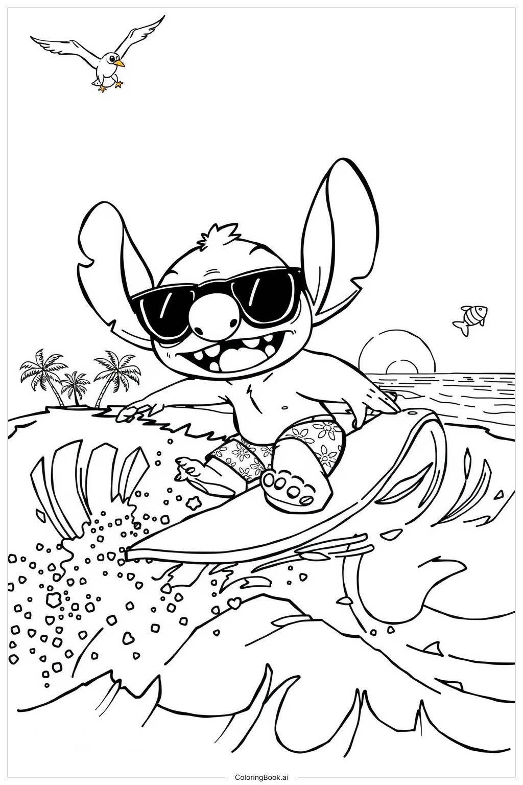  Página para colorir de Stitch Surfando na Praia-2 