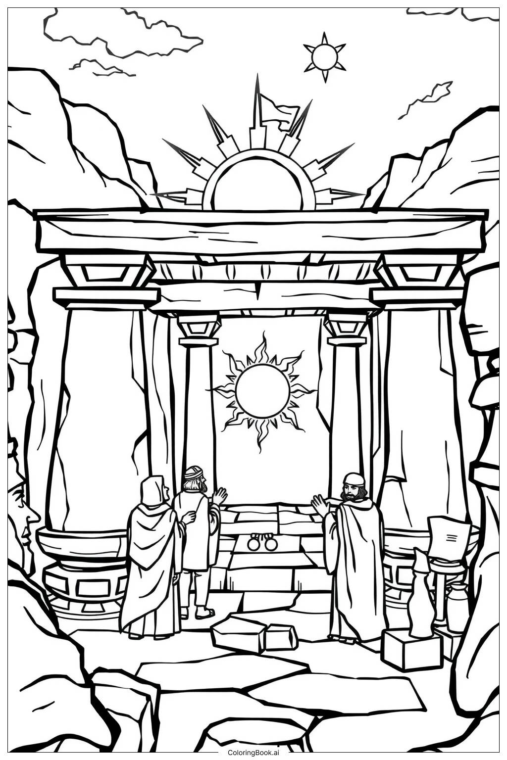  solar eclipse ancient temple ceremony Coloring Page 