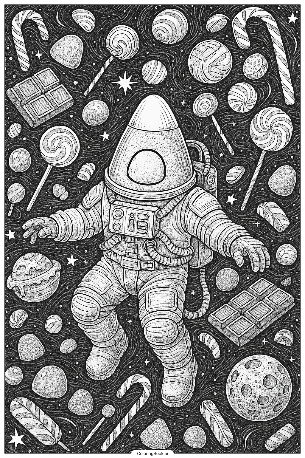  キャンディコーン宇宙飛行士とお菓子の銀河の塗り絵ページ 