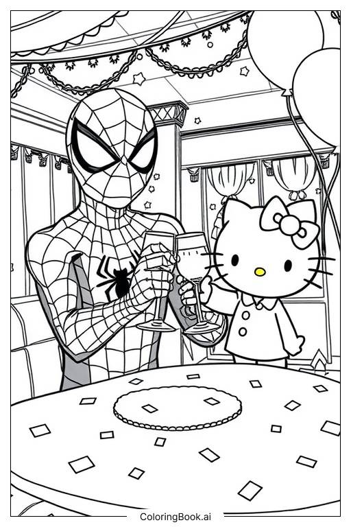  Hello Kitty und Spider-Man 2025 Frohes neues Jahr Ausmalseite 