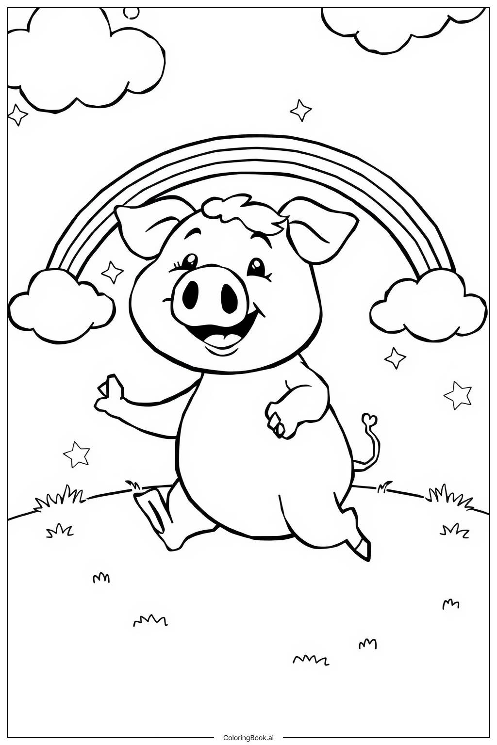  Page de coloriage Un Cochon Saute Par Dessus un Arc-en-ciel 