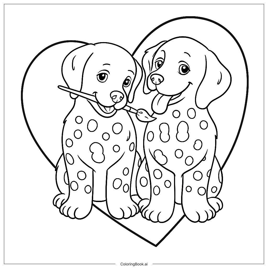  Page de coloriage Chiens blancs tachetés Spotty & Dotty avec un fond cœur orange 