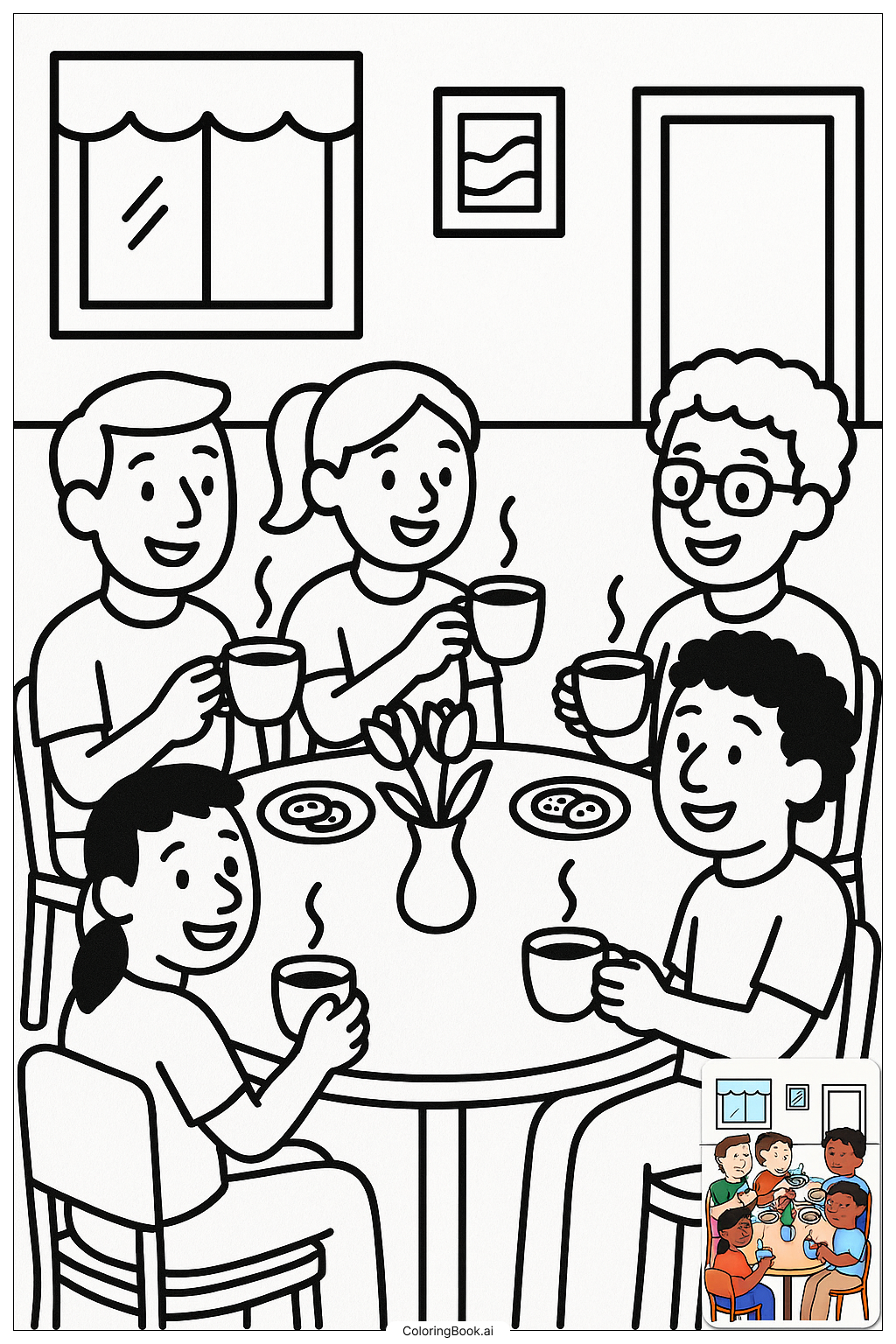  Adult Friends Drinking Coffee At Café著色頁 