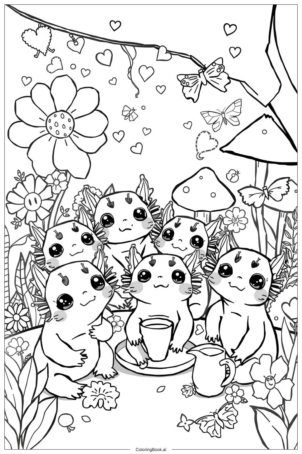  Page de coloriage Fête de jardin Kawaii Axolotl-2 