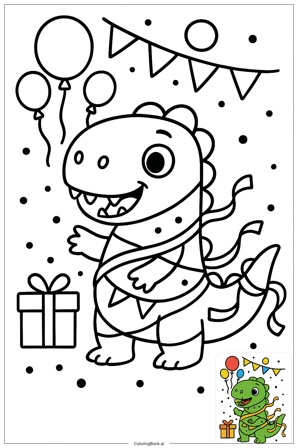  Page de coloriage Dinosaure avec des serpentins de fête 