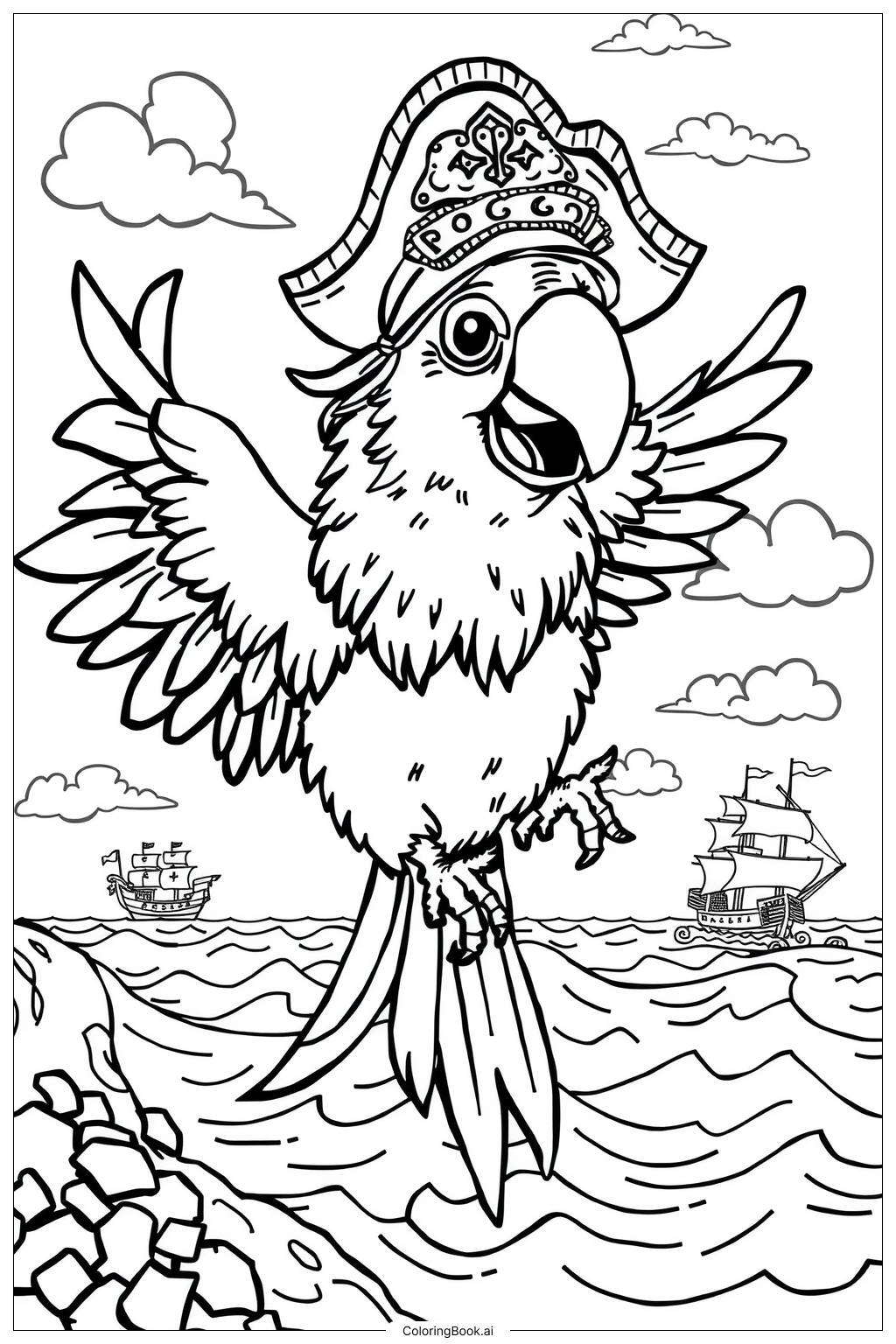  Page de coloriage Perruche de pirate volant au-dessus de l'océan 