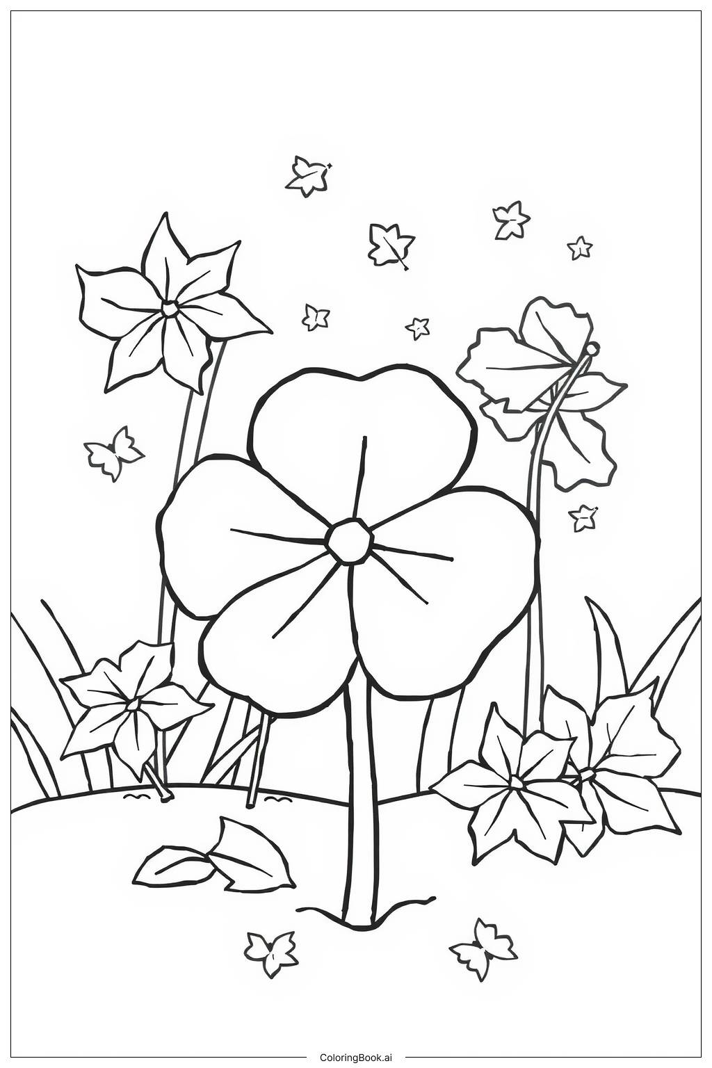  Four Leaf Clover Among Autumn Leaves Coloring Page 