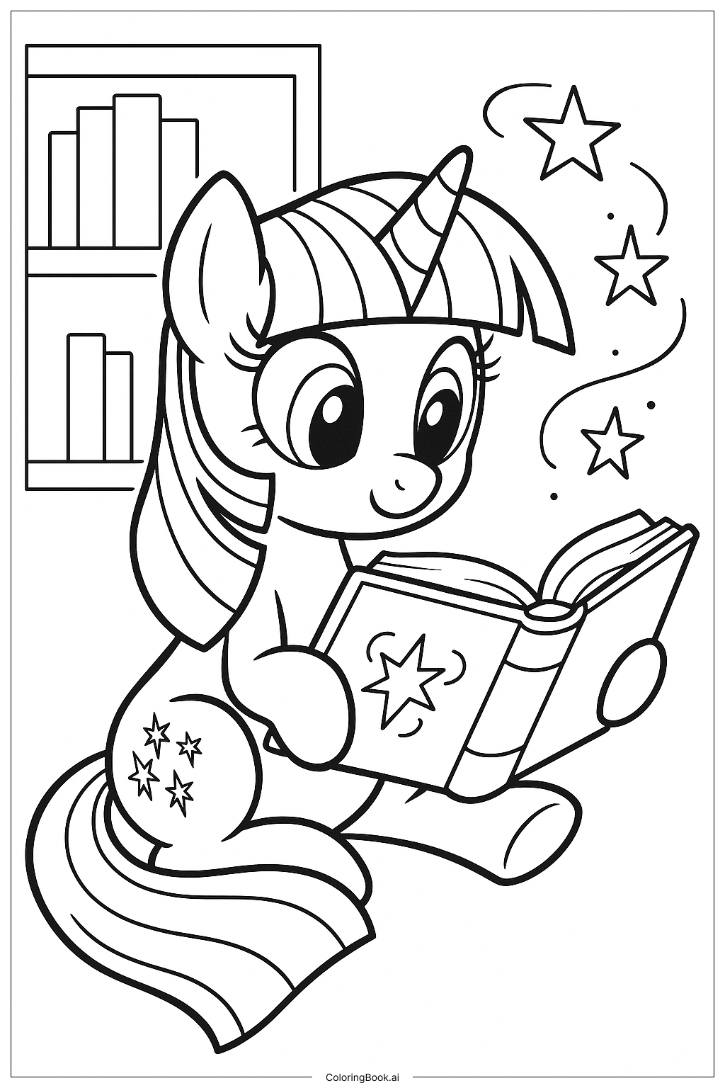  Página para colorear de Twilight Sparkle leyendo un libro mágico 