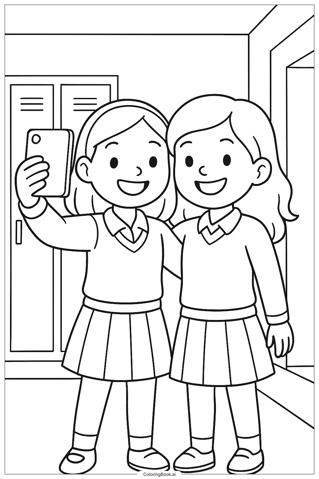 Preppy Friends Taking a Selfie Coloring Page