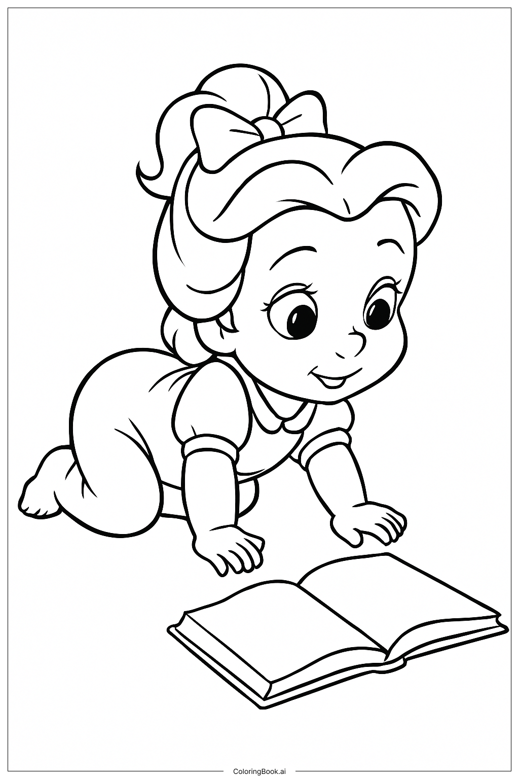  赤ちゃんベルが本に向かってハイハイしているの塗り絵ページ 