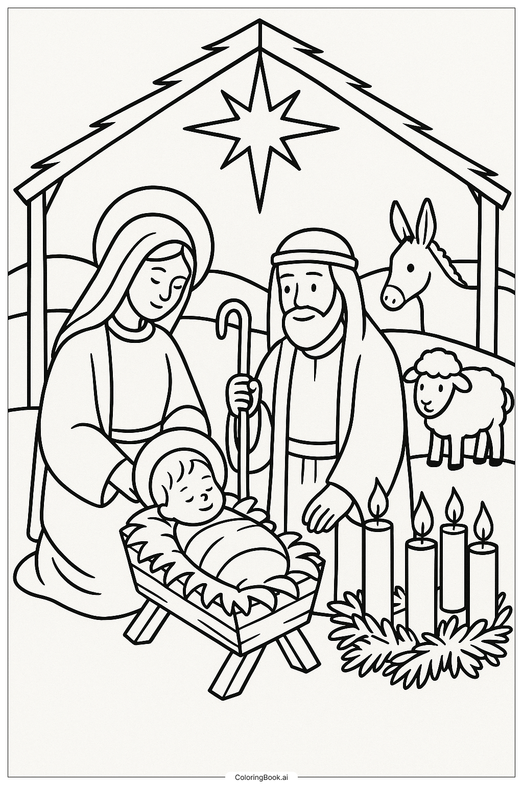  Nativity Scene with Advent Wreath Ausmalseite 